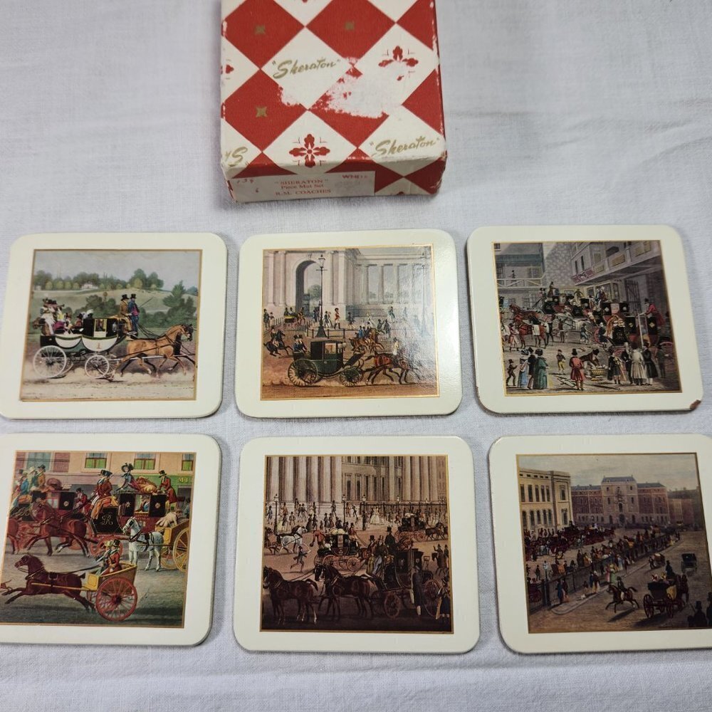 Vintage Sheraton Coasters R.M. Coaches Set of 6 Retro Kitchen in Original Box